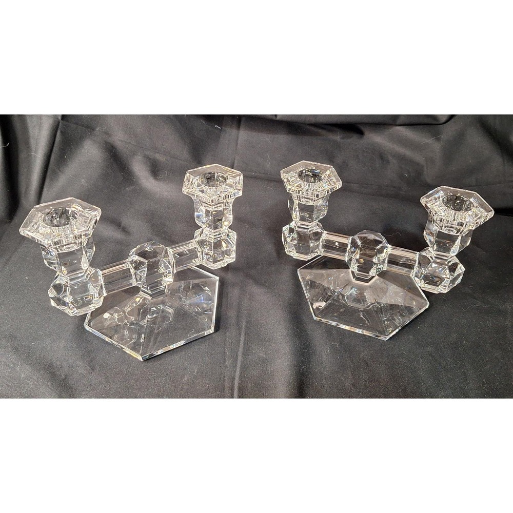 Pair of Val St. Lambert Crystal Gardenia Double Candle Stick‎ Holders